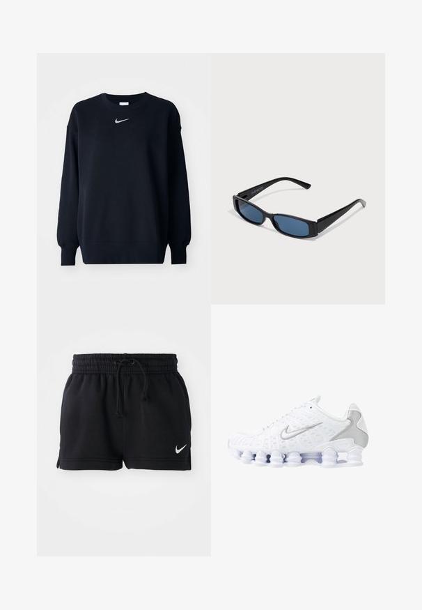 Mustmust valmistatud puuvilla segust; soonikuga ümmargune kaelus, pikkade varrukatega ja elastsete mansettidega; rinnal on väike hõbedane Nike logo.; Mustad mustad jalgpalli šortsid pehmest kangast, elastse vöökoha ja nööriga, külgslõhedega ning väikese valge logoga allservas.; Valged spordijalatsid, millel on võrgusilma ülemine osa, hõbedased lisandid ja ainulaadne keerdkonstruktsiooniga põhi. Omab pehmendatud krae ja nööbiteksti sobivuse tagamiseks.; Mustad mustad mustade, elegantsest ristkülikukujulisest raamistikust ja sinistest objektiividest. Omab siledat tekstuuri ja tugevaid templeid. Kaubamärgi logo küljel.