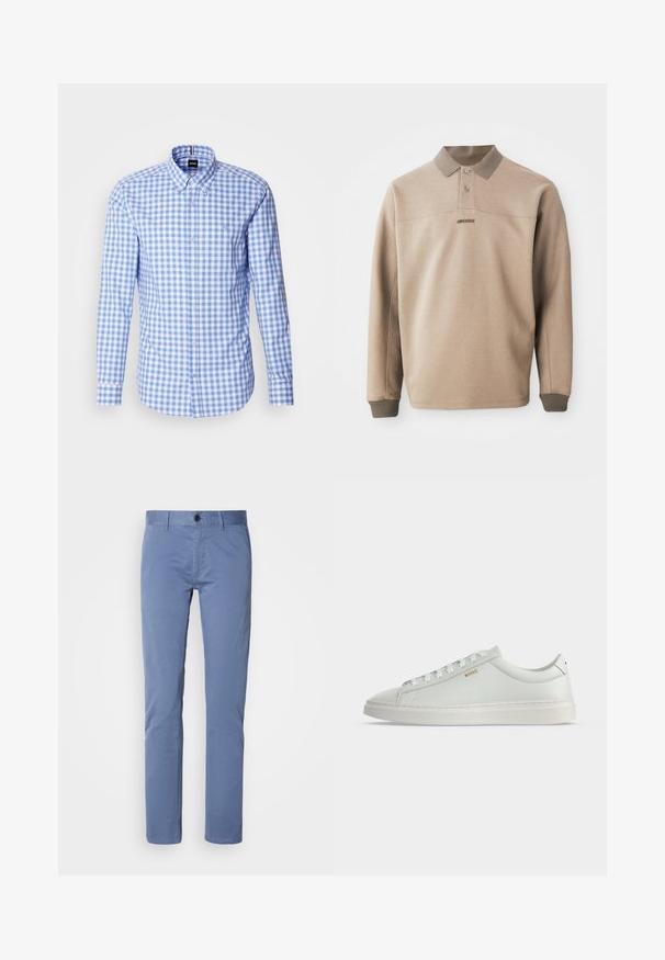 Beige polo t-shirt lavet af blød stof, med ribbede krave og manchetter, to knapper og et diskret logo foran.; Blå og hvid ternet skjorte med lange ærmer, knap-ned krave og logo broderi på brystet. Glat bomuldsstof.; Lysblå bomulds-chinos med en glat tekstur, lige ben-design og en enkelt knappelukning i taljen. Skræddersyet pasform med sidelommer.; Hvid lavtop lædersneakers med snørebånd, flad sål og lille gyldent "BOSS" logo på siden, set fra ydersiden.
