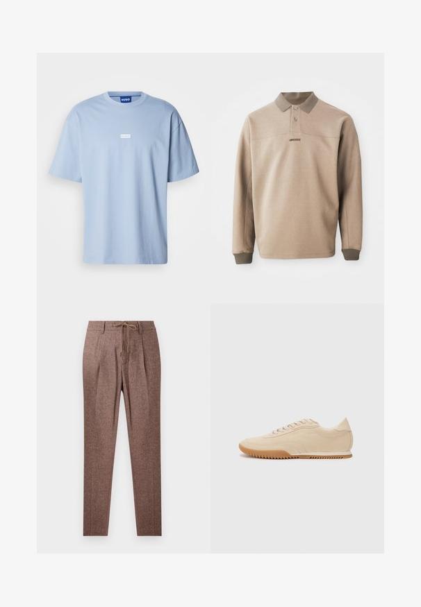 Beige polo t-shirt lavet af blød stof, med ribbede krave og manchetter, to knapper og et diskret logo foran.; Lyseblå kortærmet t-shirt lavet af bomuld, med rund hals og et hvidt rektangulært logo i midten foran.; Brune, strukturerede bukser med et hørmønster, der har en snøre i taljen og to frontfolder. Lige ben-design.; Beige ruskinds sneakers med et strømlinet design, der har et struktureret overdel, rund tå og en gummisål med et zigzag-mønster.