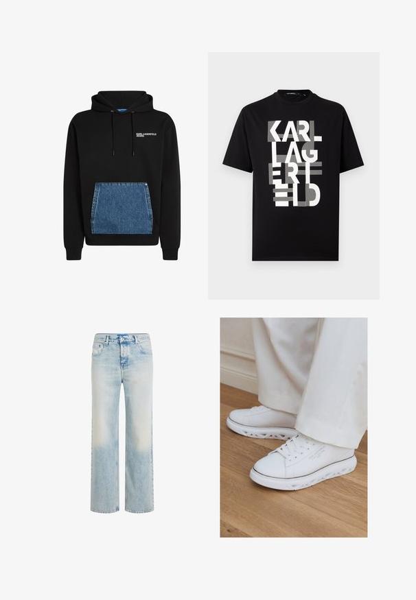 Čierna mikina s kapucňou vyrobená z bavlny, s denimbovou vreckom na prednej strane a bielym logom "KARL LAGERFELD JEANS" na hrudi.; Čierne tričko s krátkym rukávom s veľkým bielym štylizovaným nápisom „KARL LAGERFELD“ usporiadaným vertikálne na prednej strane.; Svetlomodré rovné rifle so vyblednutým efektom, predným zapínaním na gombíky a zips a s päťkapsovým dizajnom.; Biele nízke tenisky s unikátnymi vyrezávanými podrážkami nosené so svetlými nohavicami na drevenej podlahe.