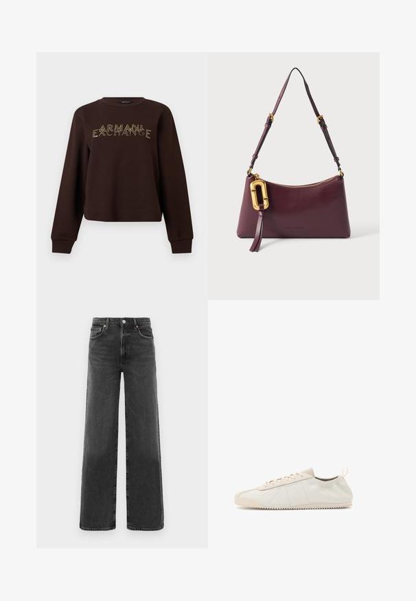 Mørk brun genser med lange armer med teksten "ARMANI EXCHANGE" i avgrensede, overlappende bokstaver over brystet.; Sorte høyhalsa rette denimjeans med knapp og glidelås foran, to frontlommer og to baklommer.; Kremfargede lær sneakers med rund tå, snøring, teksturerte detaljer og teksturert gummisåle med sikksakk-mønster for godt grep.; Mørk lilla skulderveske i skinn med justerbar stropp, gullfarget glidelås og stor gullfarget dekorativ lås med skinn dusk.