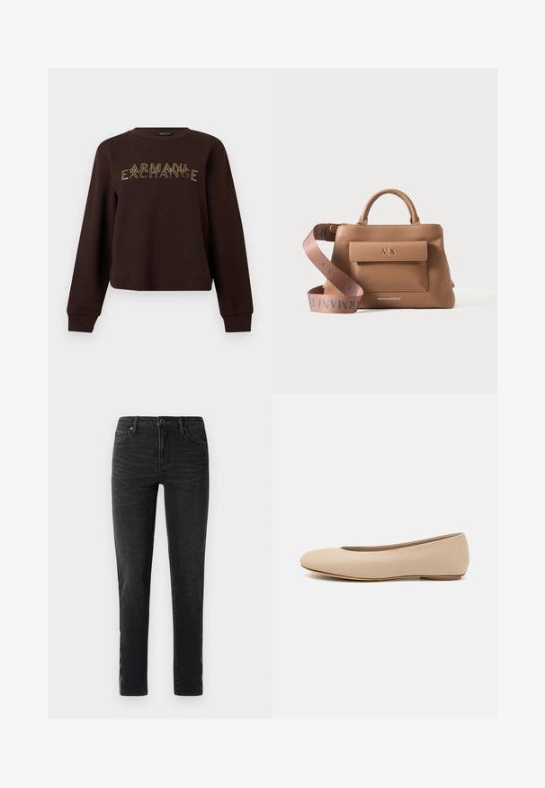 Tmavohnedá mikina s dlhým rukávom s textom "ARMANI EXCHANGE" v obrysových, prekrytých písmenách na hrudi.; Čierne slim-fit džínsy s predným gombíkom, pútkami na opasok a jemným efektom vyblednutia pozdĺž strán a vpredu na stehnách.; Béžové kožené baleríny s okrúhlym prstom, minimálnym švom, nízkym podpätkom a diskrétnym logom na zadnej strane. Hladká, matná textura.; Kožená kabelka hnedej farby s hornými rúčkami, predná kapsa so záklopkou a logom "A|X" a širokým značkovým ramenným popruhom s nápisom "Armani Exchange."