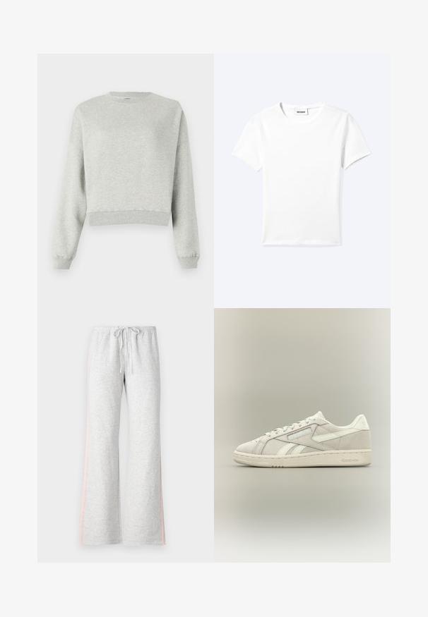 Grijze sweatshirt gemaakt van zacht, gestructureerd stof. Heeft een ronde halslijn, lange mouwen en een verkorte zoom. Eenvoudig ontwerp, geen patronen of accenten.; Effen wit T-shirt met korte mouwen en ronde hals met een klein "WEEKDAY" label aan de binnenkant van de hals, plat neergelegd op een lichte achtergrond.; Grijze sweatpants met een drawstring taille, rechte pijpen en een lichtroze zijstreep. Gemaakt van zachte, comfortabele stof.; Lage off-white Reebok sneaker met veters aan de voorkant, een getextureerde zool en een subtiel Reebok-logo op de zijkant en hiel tegen een effen achtergrond.