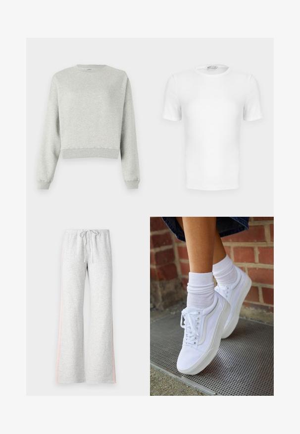 Grijze sweatshirt gemaakt van zacht, gestructureerd stof. Heeft een ronde halslijn, lange mouwen en een verkorte zoom. Eenvoudig ontwerp, geen patronen of accenten.; Witte korte mouwen geribde T-shirt met een ronde hals, een aangesloten pasvorm en een klein merklabel aan de binnenkant van de kraag.; Grijze sweatpants met een drawstring taille, rechte pijpen en een lichtroze zijstreep. Gemaakt van zachte, comfortabele stof.; Witte canvas sneakers met rubberen zolen, voorzien van zes vetertjes, een ronde neus en lichte stikdetails, gecombineerd met witte enkelsokken.