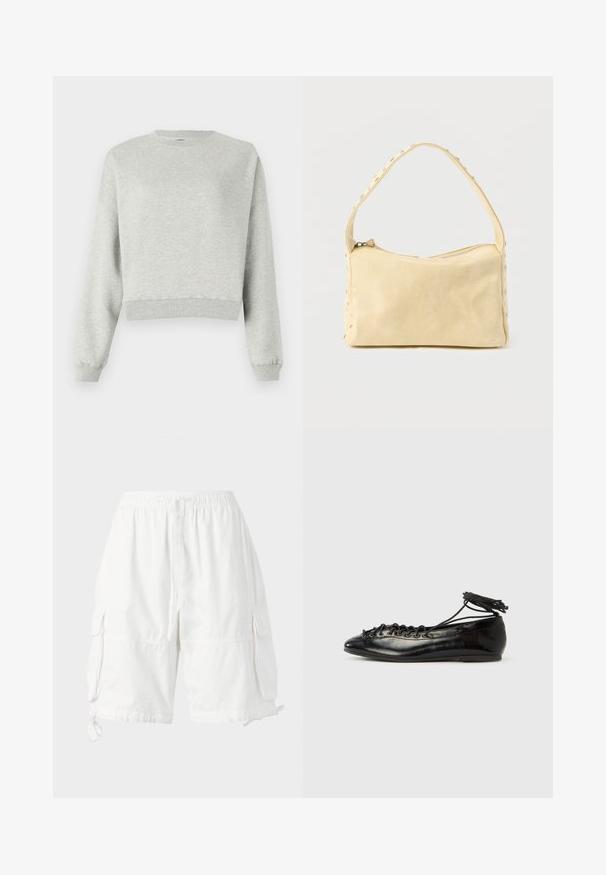 Grijze sweatshirt gemaakt van zacht, gestructureerd stof. Heeft een ronde halslijn, lange mouwen en een verkorte zoom. Eenvoudig ontwerp, geen patronen of accenten.; Witte cargoshorts met een elastische tailleband en trekkoord, voorzien van twee zijzakken en verstelbare hemkoordjes. Gemaakt van lichtgewicht stof.; Zwarte ballerina's van lakleer met een afgeronde neus, veterdesign en een platte zool. Glad oppervlak met minimale details.; Kleine beige leren handtas met een enkele band en zilveren studs langs de randen en band, tegen een effen achtergrond.