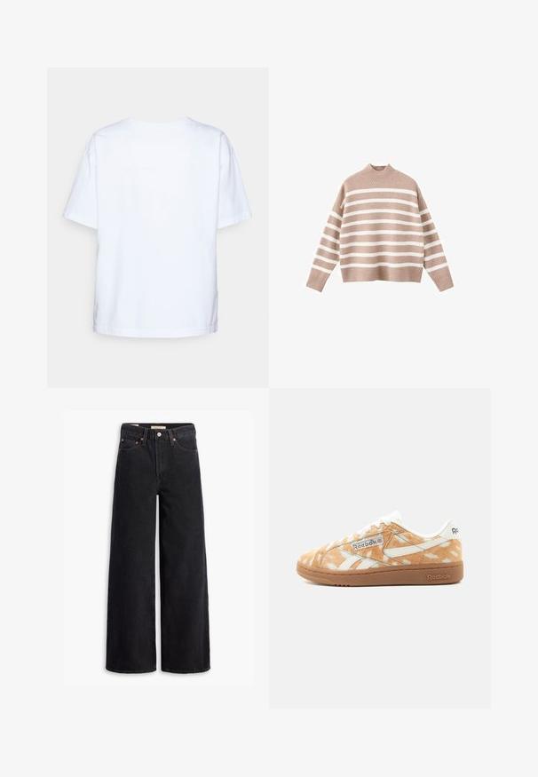 Beige stribet sweater med hvide vandrette striber, der har en ribbet høj halsudskæring og brede ærmer, lavet af blødt strikstof.; Enkelt hvid kortærmet bomulds t-shirt vist bagfra mod en lys grå baggrund.; Sorte brede benjeans lavet af denim, med fem lommer, kobbernitter og en klassisk knaplukning. Glat tekstur med et rent design.; Low-top Reebok sneaker med lys brun og hvid plettet pelsstruktur, hvid branding og gummisål, vist fra siden.