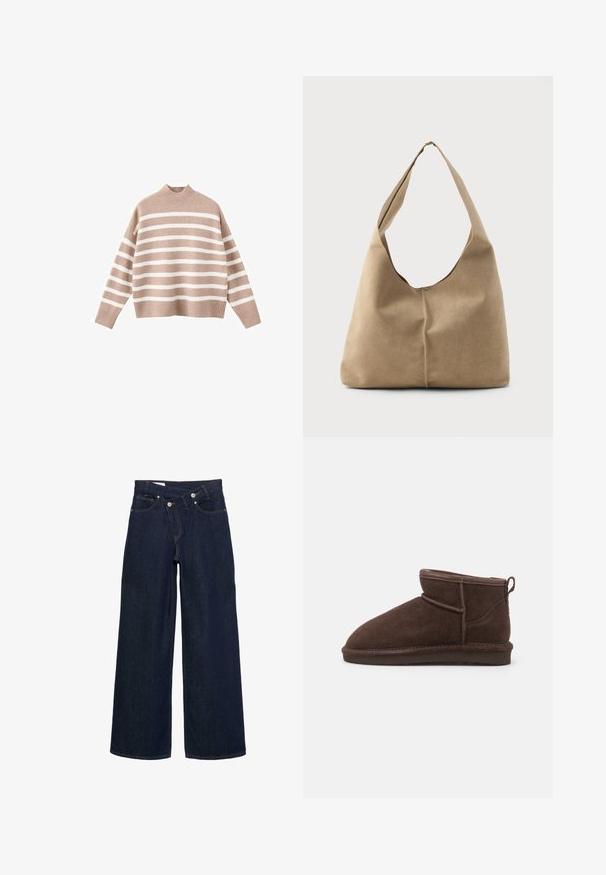 Beige stribet sweater med hvide vandrette striber, der har en ribbet høj halsudskæring og brede ærmer, lavet af blødt strikstof.; Mørkeblå bredbenede denimjeans med høj talje og knaplukning, der har for- og baglommer samt brun syning.; Bianco BIASNOW - Ankelstøvler - dark brown; Hobo taske i blød beige ruskind med en afslappet form, bred skulderrem og håndsyet sømdetalje langs fronten.