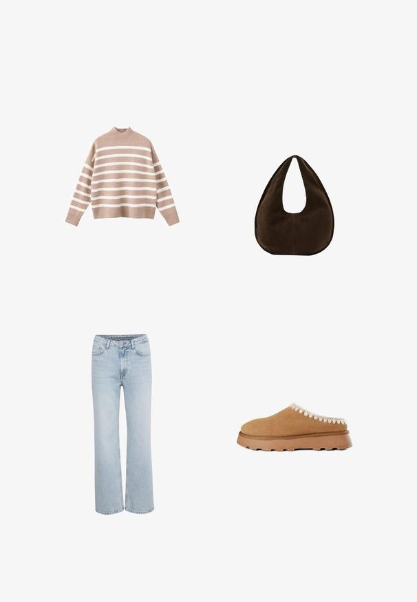 Beige stribet sweater med hvide vandrette striber, der har en ribbet høj halsudskæring og brede ærmer, lavet af blødt strikstof.; Lysblå højtaljede denim jeans med brede ben, fremadgående knap- og lynlåslukning samt fem lommer.; Brune ruskind slip-on sko med en tekstureret overdel, der har dekorativ beige syning langs kanten og en tykk gummisål.; Mørkebrun ruskind skuldertaske formet som en halvmåne med en bred rem og glat tekstur på en hvid baggrund.