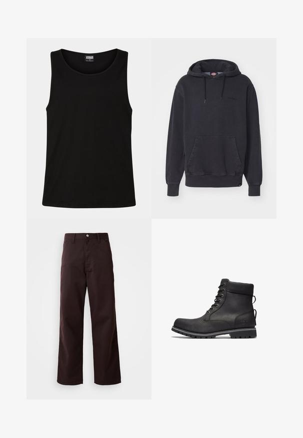 Sweatshirt à capuche noire en mélange de coton, doté d'une poche kangourou à l'avant et de bords-côtes aux poignets et à l'ourlet. Logo subtil sur la poitrine.; Débardeur noir en coton doux. Il présente un col rond et des emmanchures larges, sans motifs ni accents visibles.; Pantalons large en coton marron foncé, confectionnés dans un tissu résistant, avec une fermeture à boutons à l'avant et deux poches latérales. Texture lisse, design classique.; Botte en cuir noir à la cheville avec bout arrondi, œillets en métal, design lacé, surface texturée, tirette et semelle en caoutchouc robuste.