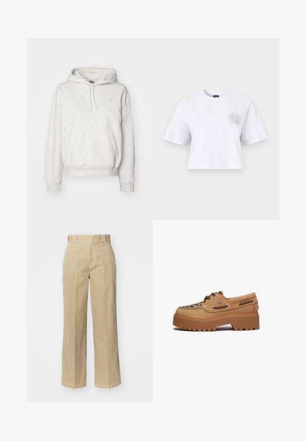 New Balance ESSENTIALS HOODIE - Hættetrøje - ash heather; Hvid, kortærmet crop top med små abstrakte linjekunst- og stjernemønstre på den øverste venstre brystområde.; Beige brede benbukser lavet af bomuld, med bæltestropper, lynlås og kontrast stitching langs sømmene.; Timberland STONE STREET - Sejlersko - medium beige
