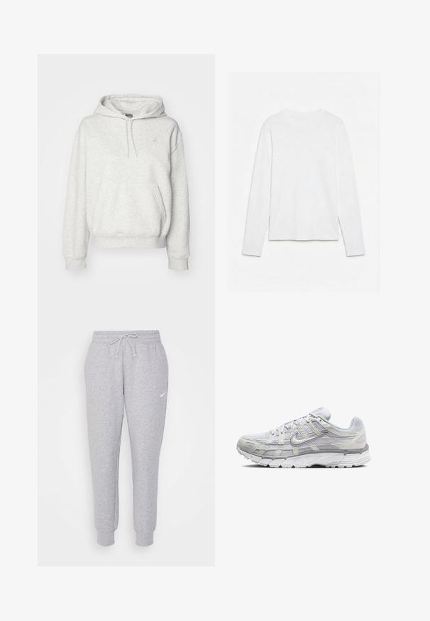 New Balance ESSENTIALS HOODIE - Kapuutsiga pusa - ash heather; Lihtne valge pika varrukaga ümara kaelusega särk, mis on laotatud valgele pinnale, nähtaval on esiosa ja varruka kogu pikkus.; Heledad hallid dressipüksid, millel on paelaga vöökoht, kitsenevad jalad ja väike valge logo vasakul reitel. Valmistatud pehmest, tekstuuriga kangast.; Heledad hallid spordijalatsid, millel on sidesilmustega ja sünteetilisest ülemisest osa, pehme krae ning tekstuuriga põhi, mis tagab haarduvuse.