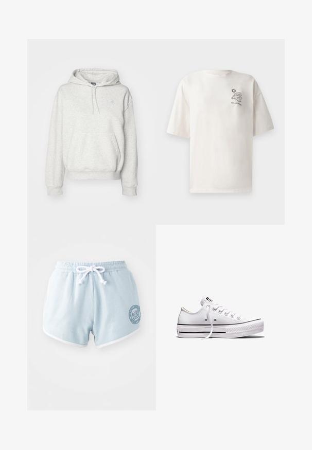 New Balance SPORT ESSENTIALS HOODIE - Huppari - ash heather; Kermavaaleinen puuvillainen T-paita lyhyillä hihoilla, jossa on aaltoa ja aurinkoa kuvaava graafinen painatus sekä "BILLABONG"-teksti edessä.; Vaaleansiniset shortsit, jotka on valmistettu pehmeästä kankaasta ja joissa on valkoinen nauha, valkoiset reunat ja ympyrän muotoinen logopatch sivussa.; Matalavartinen valkoinen kangastennari, jossa valkoiset nauhat, kumipohja, mustia raidoituksia sekä logopatches kielen ja kantapään kohdalla.