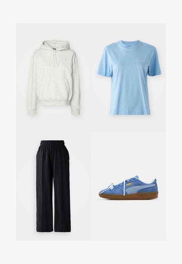New Balance ESSENTIALS HOODIE - Jersey con capucha - ash heather; Camiseta de manga corta y cuello redondo, hecha de suave algodón en color azul claro, que presenta un pequeño logo blanco de Carhartt en el pecho. Textura lisa.; Pantalones de pierna ancha negros con cinturilla elástica, fabricados en tejido suave, que presentan una textura lisa y líneas de diseño limpias.; Zapatilla de ante azul con cordones blancos y un panel lateral de cuadros. Presenta una suela de goma marrón y detalles del logotipo en dorado.