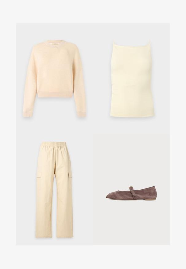 Sweat-shirt beige clair à manches longues, col rond côtelé et coupe décontractée. Texture douce avec peu de coutures apparentes.; Haut caraco en maille côtelée couleur crème avec fines bretelles et encolure droite sur un fond neutre.; Pantalon beige à jambes larges avec ceinture élastique et poches cargo latérales, présenté sur un fond clair uni.; Chaussure plate Mary Jane en daim marron avec un bout pointu et une petite bride à boucle dorée sur fond blanc.