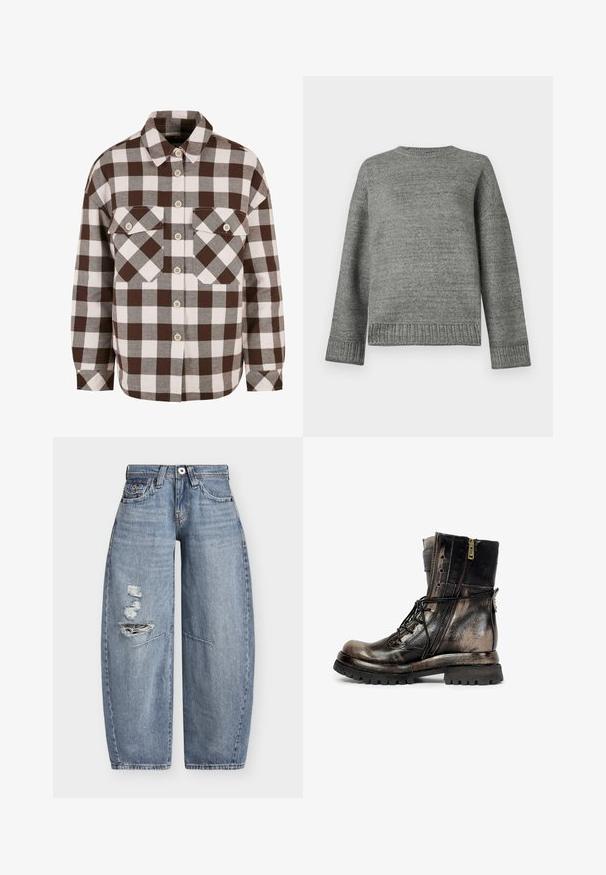 Pull en tricot gris à encolure ronde, épaules tombantes, et poignets et ourlet côtelés. Texture lisse avec une couleur unie et un minimum de détails.; Chemise à carreaux marron et blanc avec deux poches poitrine, dotée d'un col classique et d'une fermeture à boutons sur le devant. Texture de tissu douce.; Jean en denim bleu à jambes larges, taille haute avec des déchirures usées sur la cuisse gauche, avec poches avant et passants de ceinture.; Botte de combat en cuir noir et marron avec fermeture éclair latérale, lacets, semelle robuste et une sangle à boucle à l'arrière, vue du côté droit.