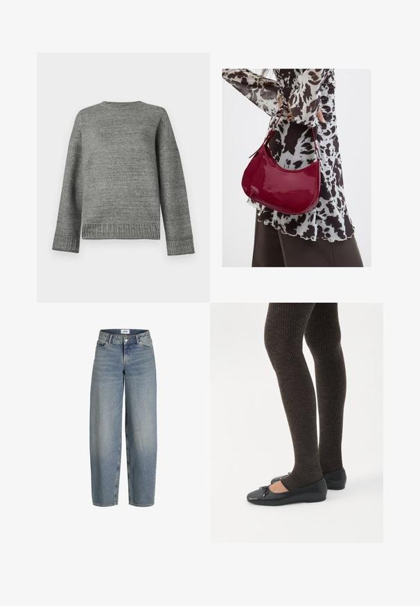 Grijze gebreide trui met een ronde halslijn, verlaagde schouders en geribbelde manchetten en zoom. Glad textuur met een effen kleur en minimale details.; Lichtblauwe, losse jeans met een hoge taille, gemaakt van denimstof. Bevat vijf zakken en een traditionele knoop-en-ritsluiting.; Benen met donkere geribbelde leggings gecombineerd met zwarte ballerina's met kleine strikdetails op een witte achtergrond.; Vrouw met een zwart-wit gebloemde blouse houdt een glanzende rode schoudertas vast tegen een effen achtergrond.