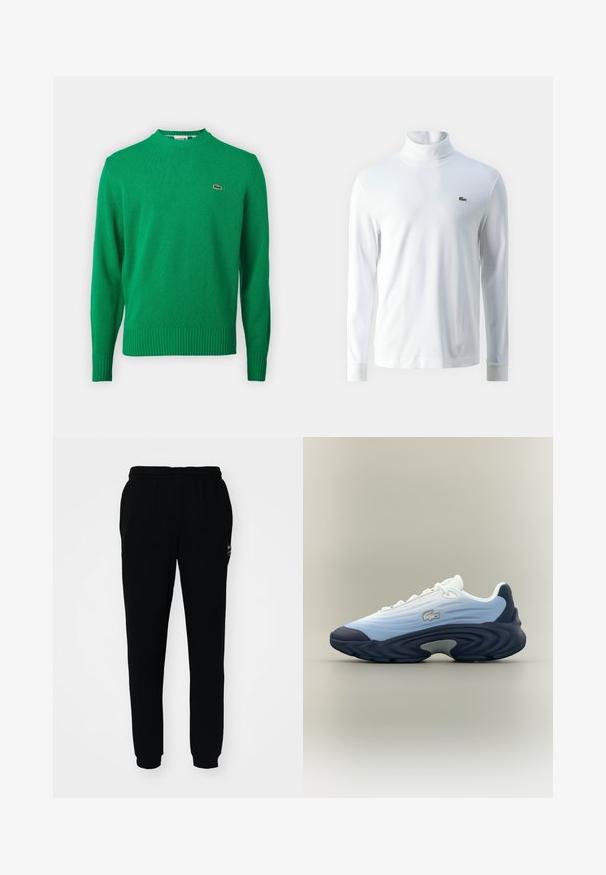 Grøn strikket sweater med ribbet hals og nederste kant, prydet med et lille broderet logo på brystet. Lavet af et blødt, tekstureret stof.; Hvid langærmet turtleneck trøje lavet af blødt stof, med et lille grønt broderet logo på brystet og tætsiddende mancher.; Sorte sweatpants med elastisk talje og manchetter. Fremstillet af blødt stof med et lille logo på den øverste venstre side.; Hvid og lyseblå sneaker med sort sål, snørelukning og en lille krokodillelogo på siden.