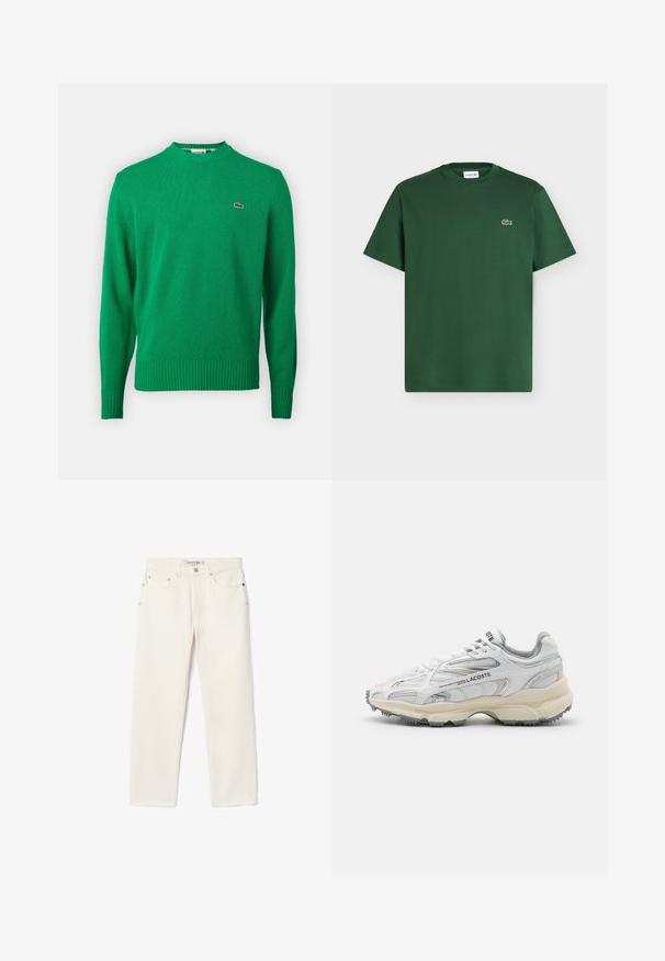 Grøn strikket sweater med ribbet hals og nederste kant, prydet med et lille broderet logo på brystet. Lavet af et blødt, tekstureret stof.; Mørkegrøn kortærmet bomulds t-shirt med rund hals og lille Lacoste krokodillelogo på venstre bryst.; Cremefarvede denimjeans med lige ben, der har to forlommer, en knaplukning og diskret branding nær taljen.; Hvide sportssko med grå detaljer, overdel i mesh og syntetiske materialer, snørebåndsdesign og tekstureret gummisål med grebemønstre.