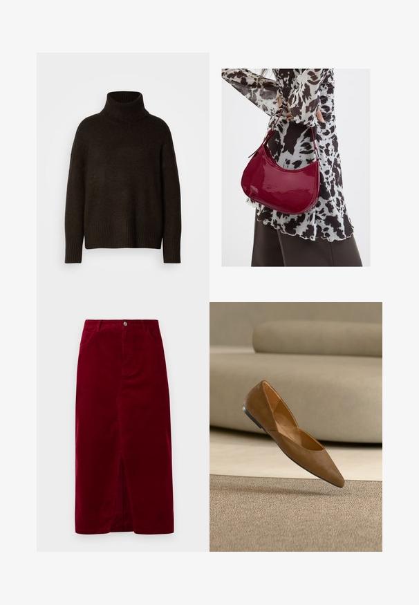 Mørkebrunt højhalset sweater, lavet af struktureret strikstof, med en afslappet pasform samt ribbede manchetter og kant.; Bordeaux kordfløjl nederdel med lige pasform, frontslids, bæltestropper og to lommer, med en frontknaplukning.; Brun ruskind spids tå flatsko svævende over beige tæppe med en matchende beige sofa sløret i baggrunden.; Kvinde iført en sort- og hvidmønstret bluse, der holder en blank rød skuldertaske mod en ensfarvet baggrund.