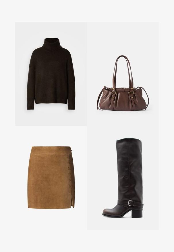 Mørkebrunt højhalset sweater, lavet af struktureret strikstof, med en afslappet pasform samt ribbede manchetter og kant.; Brun ruskind mini-nederdel med lige snit, der har en snøredetalje på venstre side og en lille slids i kanten.; Mørkebrun læderstøvle til knæet med rund tå, lav blokhæle og dekorativ rem med sølvspænde ved anklen.; Brun læderhåndtaske med to lange håndtag, samlet design, aksenter i guldtonet metal og en tekstureret overflade.