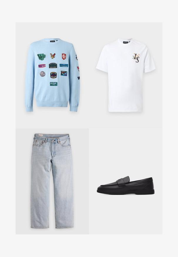 Hellblauer Pullover mit Rundhalsausschnitt und mehreren bestickten Patches mit Logos, Text und einem Vogeldesign auf Vorderseite und Ärmel.; Weißes T-Shirt mit kurzen Ärmeln und Rundhalsausschnitt, mit kleinem "LS"-Logo und floralem Muster auf der linken Brust, dargestellt vor schlichtem hellem Hintergrund.; Helle blaue gerade geschnittene Jeans mit hoher Taille, Knopfverschluss sowie Vorder- und Hintertaschen, auf einer flachen Oberfläche präsentiert.; Schwarzer Herrenschuh aus Leder mit Mokassinnaht, Riemendetail oben und flacher Gummisohle, seitlich auf weißem Hintergrund dargestellt.