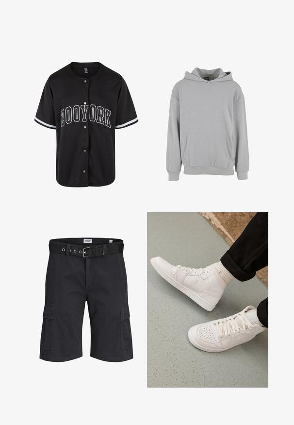 Grau Hoodie aus weichem Stoff, mit einer Vordertasche, gerippten Bündchen und Saum, in lässiger Passform und ohne sichtbare Muster.; Schwarzes kurzärmliges Trikot mit Knopfverschluss, "ZOOYORK" in fetten weißen Buchstaben gedruckt, mit kontrastierenden weißen Streifen an den Ärmeln.; Schwarze Cargo-Shorts mit Seitentaschen und schwarzem, gewebtem Gürtel mit Metallschnalle und Ösen, mit dem Label Jack & Jones.; Weisse High-Top-Sneaker aus glattem Leder mit perforierter Zehenpartie, Schnürverschluß und dezentem Logodetail an der Seite. Strukturierte Gummisohle.