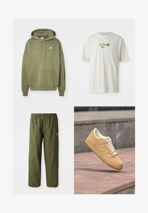 Olivovozelená mikina s kapucňou vyrobená z bavlnenej zmesi, s predným vreckom, kapucňou na šnúrku a bielym logom Nike na ľavej hrudi. Uvoľnený strih.; Biele bavlnené tričko s zelenou grafickou potlačou so slovom "NIKE" a logom. Krátke rukávy a okrúhly výstrih. Hladký povrch.; Nike cargo nohavice v tmavej olivovej farbe, ktoré majú elastický pás, dve bočné vrecká a hladkú, ľahkú tkaninu.; Béžová nízka teniska Nike s bielymi šnúrkami a gumovou podrážkou vznášajúca sa nad kamenným povrchom a betónovým pozadím.