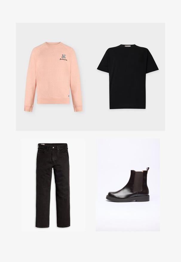 Lichtroze sweatshirt met lange mouwen, geribde manchetten, ronde hals en een kleine zwart-witte logopatch met tekst op de linkerborst bovenaan.; Zwart T-shirt met korte mouwen en ronde hals met subtiel tonale logo op de borst en een klein merklabel aan de binnenkant van de kraag.; Zwarte recht gesneden denim jeans met vijf zakken, knoopsluiting en riemlussen, plat gelegd op een witte achtergrond.; Bruine leren Chelsea-boot met elastische zijpanelen en een trekband. Heeft een afgeronde neus en een stevige rubberen zool.
