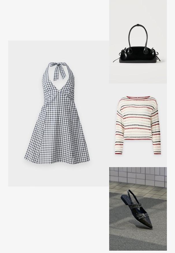 Suéter de ganchillo con mangas largas y escote redondo; presenta rayas alternas en crema, rojo, marino y rosa claro; patrón texturizado.; Vestido halter de cuadros en navy y blanco con escote en V profundo y lazo en la espalda. Diseño de falda acampanada con un corsé ajustado y detalles de pinzas.; Zapatos slingback de punta afilada en cuero sintético negro con textura de serpiente, con correas de doble hebilla y tacón plano, que presentan una textura suave y un diseño moderno.; Pequeño bolso negro brillante con dos asas largas y detalles de cordón lateral sobre un fondo claro liso.