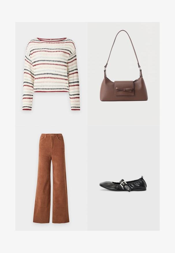 Hæklet sweater med lange ærmer, rund halsudskæring; har skiftende striber i creme, rød, navy og lyserød; tekstureret mønster.; Bredane corduroy bukser i en dyb brun farve, med lodrette ribber, frontlommer og knaplukning i taljen.; Sorte læder flade sko med spids tå, samling detaljer omkring åbningen, og en sølv spænde accent på den justerbare rem.; Brun skuldertaske i læder med en frontlomme med klap, der har en sydd sløjfedetalje, og en justerbar rem.