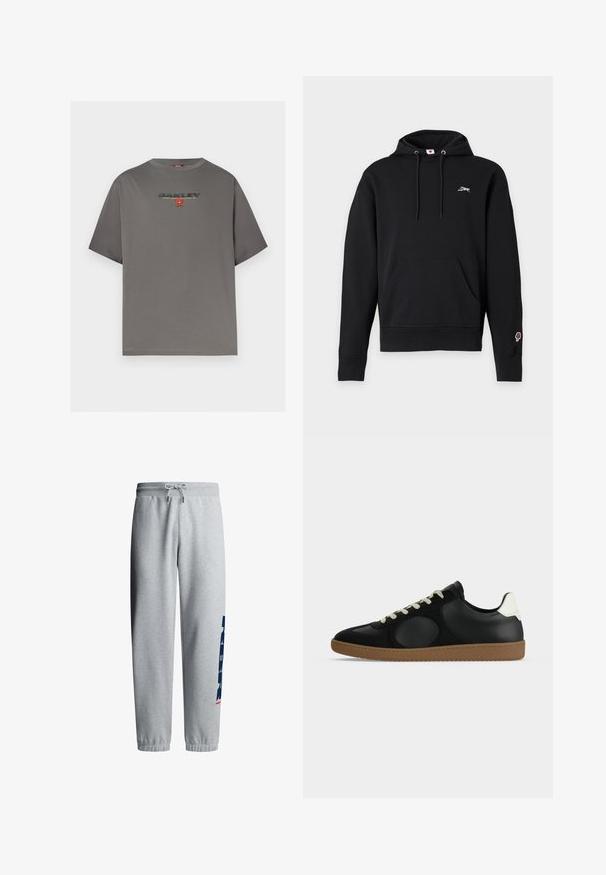 Sweat à capuche noir avec poche avant, petit logo de chien courant sur la poitrine et patch glace sur le bord du manche droit.; T-shirt gris à manches courtes avec le logo "OAKLEY" et un petit graphisme rouge centré sur la poitrine, présenté sur un fond blanc uni.; Pantalon de survêtement gris clair avec poignets et taille élastiques, cordon de serrage, et texte vertical bleu marine "NAUTEX" sur la jambe droite.; Baskets basses noires avec détail blanc au talon, lacets beiges et semelle en caoutchouc marron, visibles de profil sur fond blanc.