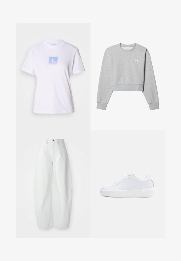 Hellgraues Crop-Sweatshirt mit langen Ärmeln, Rundhalsausschnitt und kleinem rot-weißem Calvin Klein-Logo auf der linken Brust.; Weißes Baumwoll-T-Shirt mit einem quadratischen, pastellblauen und lavendelfarbenen Grafik, die die Buchstaben "cK" in der Mitte der Vorderseite zeigt. Kurze Ärmel, Rundhalsausschnitt.; Hochtaillierte weiße Denim-Hose mit lockerer Passform. Einfacher Knopfverschluss, seitliche Taschen und minimalistisches Design. Glatte Textur.; Weißer Sneaker mit niedrigem Schaft, Schnürverschluss, dicker Sohle und glattem Obermaterial, von der Außenseite vor einem einfarbigen hellen Hintergrund gezeigt.
