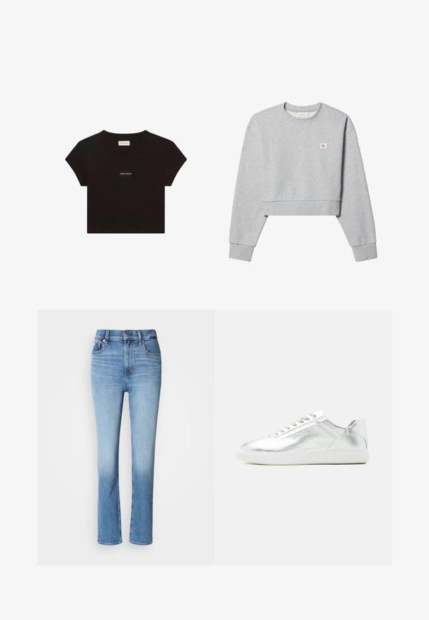 Hellgraues Crop-Sweatshirt mit langen Ärmeln, Rundhalsausschnitt und kleinem rot-weißem Calvin Klein-Logo auf der linken Brust.; Schwarzes kurzärmeliges Crop-T-Shirt mit rundem Ausschnitt und kleinem weißen "Calvin Klein" Logo-Text mittig auf der Brust.; Blaue Jeans aus Denim mit hoher Taille, gerader Beinführung, verblasstem Farbverlauf und fünf Taschen. Metallknopf- und Reißverschluss.; Niedriger Sneaker in metallischem Silber mit weißer Sohle und Schnürsenkeln, glatter Struktur und dezent geprägtem Branding an der Seite.