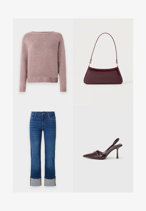 Lyserødt sweater lavet af blødt stof, med rund halsudskæring, lange ærmer og ribbede detaljer i kanten. Enkel design uden udsmykninger.; Blå denimjeans med lige ben, der har opkrøllede manchetter i lys grå. Mellemhøj talje og traditionelt fem-lomme design.; Bourgogne laklæder slingback-hæl med spids tå, tynd ankelrem og lille dekorativ spænde. Glat tekstur og høj hæl.; Mørk burgunderglans håndtaske med et enkelt tyndt håndtag og en elegant, trapezformet form på en ensartet lys baggrund.