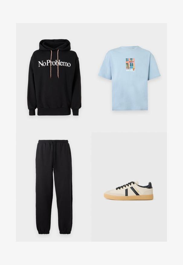 Sudadera negra de algodón, con un diseño de texto blanco "No Problemo" en el frente. Incluye un cordón con un patrón rojo y blanco.; Camiseta de manga corta azul claro con un gráfico colorido de una fachada de edificio, una bicicleta y una planta en maceta en el centro delantero.; Pantalones jogger negros hechos de una tela suave, con cintura elástica y cordón ajustable, y dobladillos en los tobillos.; Zapatillas casuales en crema con rayas negras, con parte superior texturizada y suela de goma. Los cordones son negros. Logo sutil en el costado.