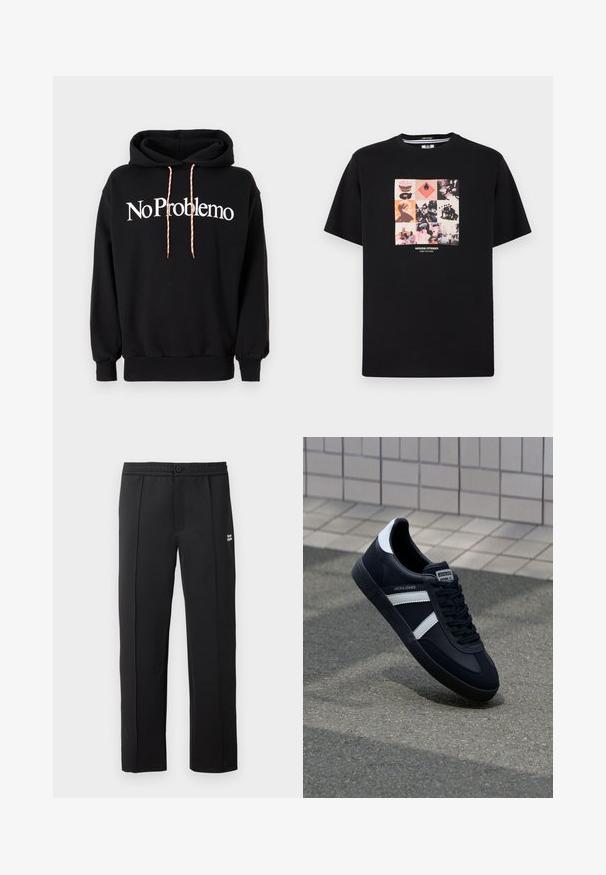 Sudadera negra de algodón, con un diseño de texto blanco "No Problemo" en el frente. Incluye un cordón con un patrón rojo y blanco.; Camiseta negra de manga corta con un collage gráfico colorido de nueve paneles que incluye rostros, figuras, un símbolo de llama y el texto "WEEKEND OFFENDER ADMIT NOTHING".; Pantalones negros de tela suave, con cierre de botón, bolsillos laterales y un pequeño logotipo en la parte frontal. Diseño de pierna recta.; Zapatilla de cuero negra con rayas blancas, suela de goma texturizada y parte frontal con cordones. Cuenta con una etiqueta de marca en la lengüeta.
