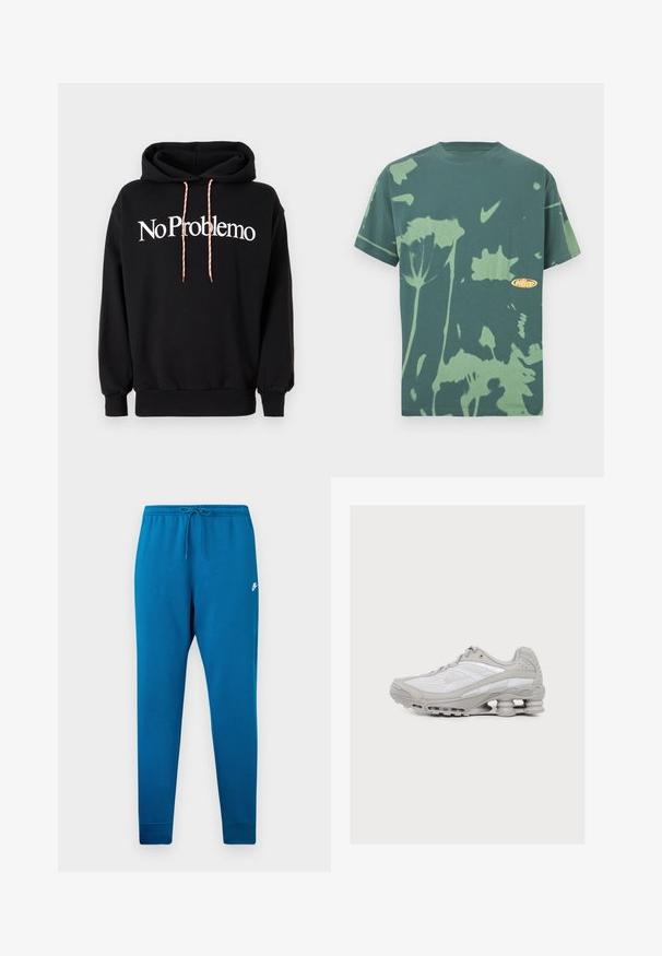 Sort hættetrøje lavet af bomuld, med et hvidt "No Problemo" tekstdesign foran. Inkluderer snoretræk med et rødt og hvidt mønster.; Grøn tie-dye kortærmet Nike T-shirt med lysegrønne blomsterprint og Nike-swoosh logo på brystet.; Blå sweatpants med elastisk talje og justerbar snor. Har et hvidt logo på låret og tapered manchetter ved anklerne.; Lysegrå og hvid atletiksko med synlig fjederlignende støddæmpning i sålen og meshstof på overdelen.