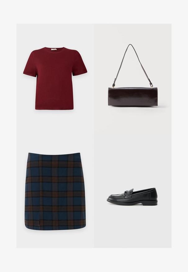 Burgundská krátkorpová sveter vyrobená z mäkkej pleteniny; okrúhly výstrih, rebrované manžety a lem; jednoduchý dizajn bez viditeľných vzorov alebo akcentov.; Tmavomodrá kockovaná mini sukňa s hnedými a sivými líniami, vyrobená z hladkej tkaniny, s jemným rozparkom na zadnej strane pre pohodlie pri pohybe.; Čierne kožené mokasíny s okrúhlou špičkou, prešitým dizajnom a mašľovým akcentom na prednej časti. Nízky blokový podpätok a hladký povrch.; Obdĺžniková čierna kožená kabelka s jedným dlhým remienkom a lesklým povrchom, vystavená na bielom jednoduchom pozadí.