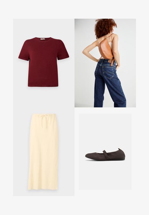 Pull à manches courtes couleur bordeaux en matière tricotée douce; encolure ronde, poignets et ourlet côtelés; design simple sans motifs ou accents visibles.; Jupe longue jaune clair en tissu respirant, dotée d'une taille élastique avec cordon de serrage pour un ajustement personnalisable. Texture lisse, sans motifs.; Ballerine marron avec bride élastique et bout arrondi, présentée sur fond blanc, vue de côté.; Sac à dos en cuir marron avec un design incurvé unique. Porté en diagonale, associé à un jean en denim bleu taille haute avec des coutures jaunes.