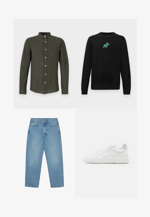 Sort langærmet crewneck sweatshirts med et lille broderet blågrønt stjernedesign centreret på brystet.; Mørkegrøn langærmet skjorte lavet af hør. Har en knaplukning foran med lyse knapper og en krave for et struktureret udseende.; Lyseblå denimjeans med lige ben, fem-lomme design og en let falmet struktur. Indeholder knap- og lynlåslukning.; Hvide lædersneakers med en glat finish, rund tå, flade snørebånd og en struktureret sål. Grå ruskindsdetalje ved hælen.