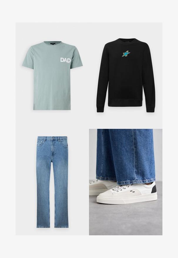 Schwarz langärmliger Rundhals-Sweatshirt mit einem kleinen gestickten blauen und grünen Sternmotiv in der Mitte der Brust.; Helles grünes T-Shirt aus Baumwolle mit Rundhalsausschnitt und einem weißen "DAD"-Logo auf der linken Brust. Kurze Ärmel, normale Passform.; Hellblaue Jeans aus Denim mit geradem Schnitt, fünf Taschen, einem Reißverschluss und kontrastierender Naht. Der Stoff hat eine glatte, strukturierte Oberfläche.; Weiße und schwarze Sneaker mit einem Obermaterial aus glattem Leder, strukturierten Akzenten und einer massiven weißen Sohle. Verfügt über ein klassisches Schnürdesign.