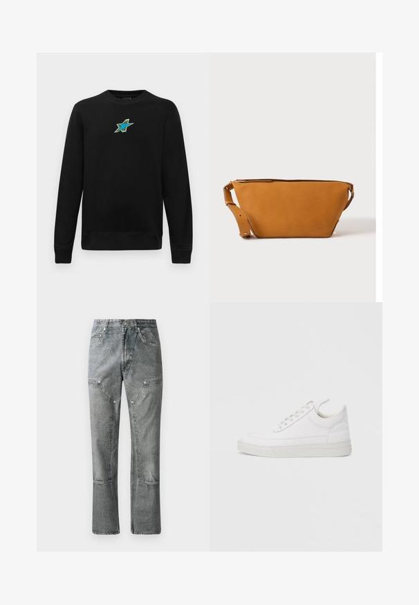 Schwarz langärmliger Rundhals-Sweatshirt mit einem kleinen gestickten blauen und grünen Sternmotiv in der Mitte der Brust.; Graue Denim-Jeans mit geradem Schnitt, ausgestattet mit Fronttaschen, sichtbaren Nähten und einem verwaschenen Finish. Das Material hat eine glatte Textur.; Weißer Ledersneaker mit abgerundetem Zehenbereich, flacher Sohle und Schnürverschluss. Verfügt über Nahtdetails und einen gepolsterten Kragen für zusätzlichen Komfort.; Hellbraune Leder-Umhängetasche mit verstellbarem Schulterriemen und Reißverschluss, vor einem schlichten hellen Hintergrund gezeigt.