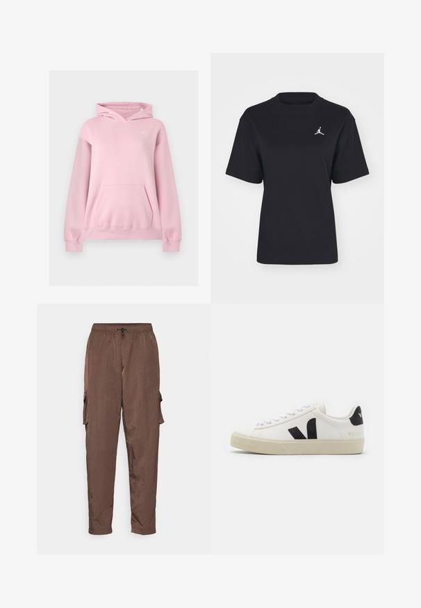 Hele roosa tõmblukuga kapuutsiga dressipluus ees kängurutasku ja vasakul rinnal väike valge Jumpman logo.; Mustiseks värvitud puuvillane T-särk ümmarguse kaela ja lühikeste varrukatega. Vasakul rinnal on valge Jumpmani logo. Sile tekstuur, tavaline lõige.; Nike Sportswear ESSNTL - Kargopüksid - baroque brown/sail; Valge nahast teniseking, millel on must kummist V logo. Tekstuuriga heledat valget värvi tald, valged paelad ja tagakanna detail, millel on brändinimi mustas kirjas.