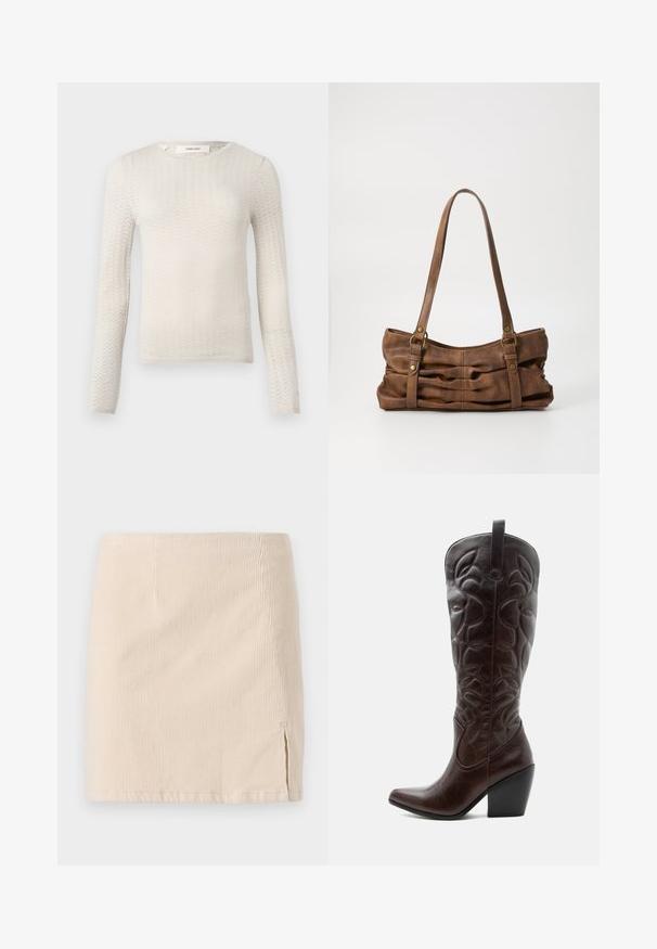 Cremefarvet, langærmet striktrøje med et subtilt chevronmønster og rund halsudskæring, mærket "Selected" ved kraven.; Beige corduroy miniskirt med lodret ribbet tekstur, med en sideslids for ekstra detaljer. Kantene er lige og ensartet syet.; Høj mørkebrun læder cowboystøvle med syede dekorative mønstre, spids tå og stablet blokhæle.; Even&Odd Håndtasker - brown