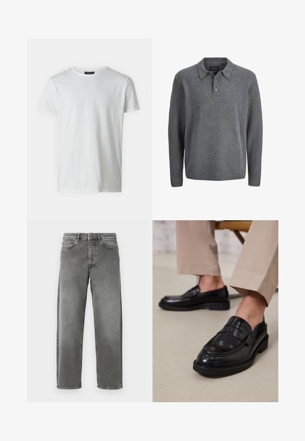 Suéter gris de punto con mangas largas, puños y dobladillo acanalados, cuello con solapa y tapeta con tres botones.; Camiseta blanca de manga corta y cuello redondo, hecha de algodón con una textura suave. Presenta una etiqueta en el cuello. Diseño simple y liso.; Jeans de denim gris con un diseño de corte recto, estilo cinco bolsillos y un ligero desgastado. Cuenta con un cierre de botón y cinturilla con pasadores.; Mocasines de cuero negro con un acabado suave, que cuentan con una correa decorativa y costuras en contraste, combinados con pantalones beiges.