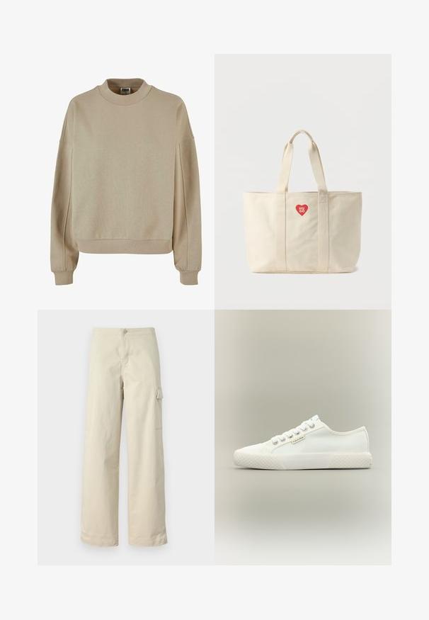 Sweatshirt beige avec un col montant, des poignets côtelés et une coupe décontractée. Le matériau semble doux avec une finition texturée.; Pantalons cargo beiges en coton doux, avec une coupe droite, un bouton à l'avant et une poche latérale avec détail à rabat.; Baskets basses blanches en toile avec semelle en caoutchouc texturée, lacets blancs et petite étiquette Calvin Klein sur le côté.; Sac fourre-tout en toile crème avec des bretelles doubles pour l'épaule et un petit logo cœur rouge avec le texte « HUGO » au centre avant.