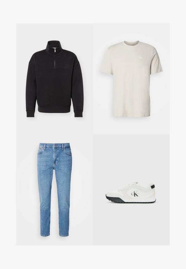 Zwarte pullover met kwart-ritssluiting, lange mouwen, geribbelde manchetten en zoom, en een hoge kraag tegen een effen witte achtergrond.; Beige katoenen T-shirt met korte mouwen en ronde hals, met een klein wit "cK"-logo op de linkerborst.; Lichtblauwe denim jeans met een rechte pasvorm, vijf zakken en subtiele vervaging. Voorzien van een knoopsluiting en riemlussen.; Calvin Klein witte sneaker met zwarte zool, suede en mesh panelen, CK-logo op de zijkant en Calvin Klein branding op de hiel en zool.
