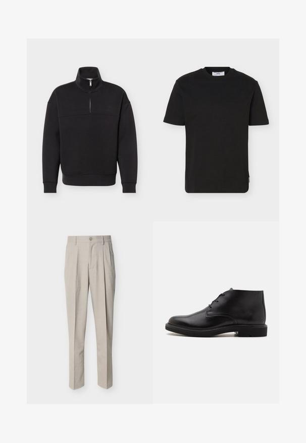 Zwarte pullover met kwart-ritssluiting, lange mouwen, geribbelde manchetten en zoom, en een hoge kraag tegen een effen witte achtergrond.; Effen zwart T-shirt met korte mouwen en ronde hals, met een klein merkembleem op de onderkant aan de zijkant.; Beige op maat gemaakte herenkleding met voorplooien, riemlussen, een knoopsluiting en een rechte pijp, afgebeeld tegen een witte achtergrond.; Zwarte leren enkellaars met drie veterogen, een afgeronde neus en platte zool op een effen lichte achtergrond.