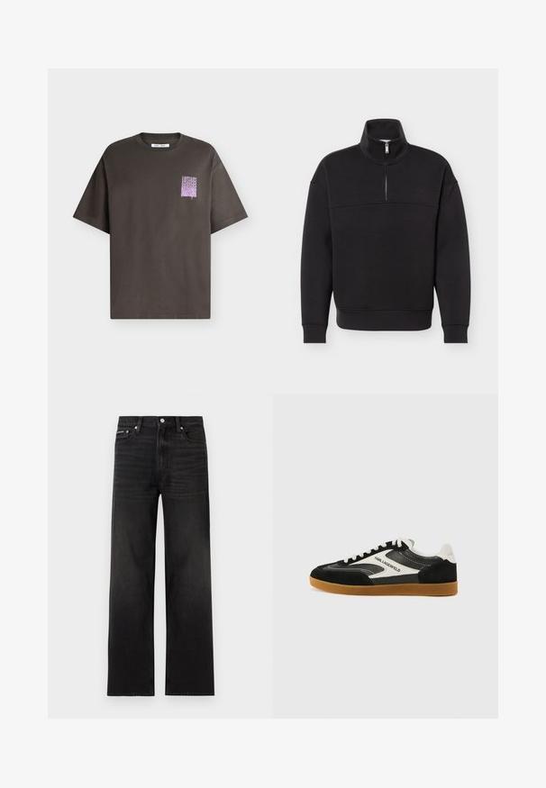 Sweat-shirt noir à demi-fermeture éclair avec manches longues, poignets et ourlet côtelés, et col montant sur un fond blanc uni.; T-shirt gris foncé à manches courtes avec un petit graphisme violet et du texte répété sur la partie supérieure gauche de la poitrine.; Jean noir droit avec cinq poches, passants pour ceinture et fermeture par bouton, présenté sur un fond blanc.; Baskets basses noir et blanc en matériaux daim et cuir, avec une semelle en caoutchouc gomme et un détail logo "Karl Lagerfeld".