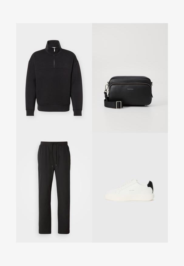 Schwarzer Pullover mit Viertel-Reißverschluss, langen Ärmeln, gerippten Bündchen und Saum sowie hohem Kragen vor einem schlichten weißen Hintergrund.; Schwarze Jogginghosen aus leichtem Stoff, mit einem elastischen Bund und verstellbaren Kordeln sowie Seitentaschen. Glatte Textur.; Weiße Ledersneaker mit einem schwarzen Akzent an der Ferse, runden Zehen, flachen Schnürsenkeln und einer dicken weißen Sohle. Calvin Klein Logo angebracht.; Schwarze Leder-Crossbody-Tasche mit zwei Reißverschlussfächern, strukturiertem Finish, verstellbarem Tragegurt und silbernen Hardware-Details. Calvin Klein-Logo angebracht.